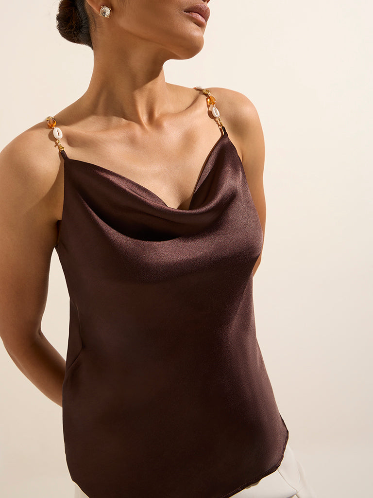 Wardrobe Brown Beaded Cowl-Neck Top