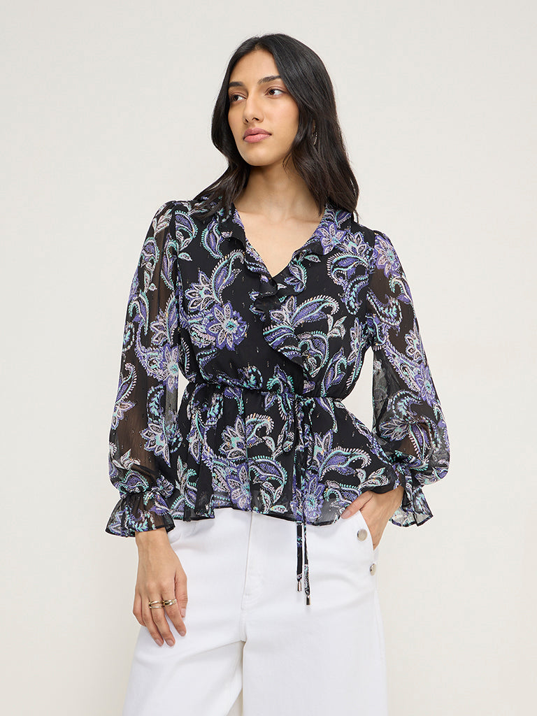 LOV Black Paisley Printed Peplum Top