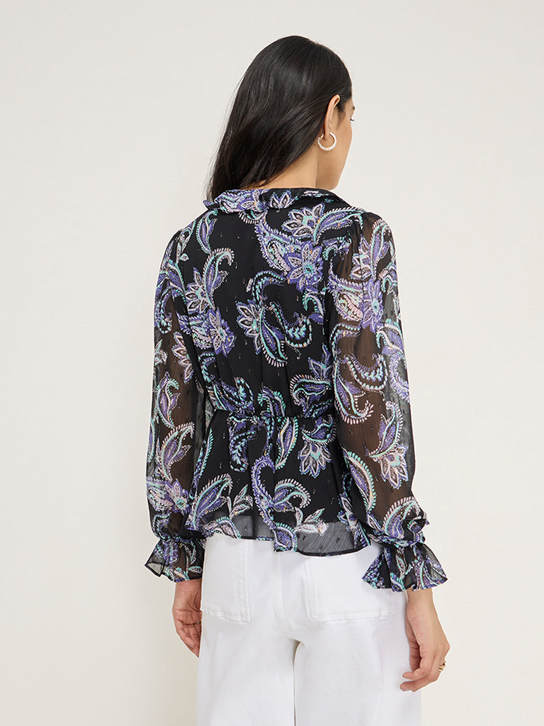 LOV Black Paisley Printed Peplum Top