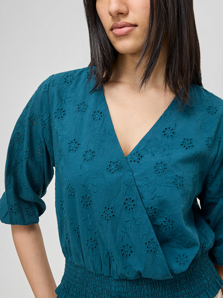 LOV Teal Schiffli Design Cotton Top