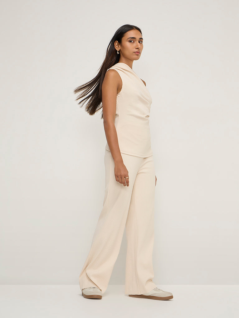 LOV Beige Ribbed-Textured High-Rise Pants