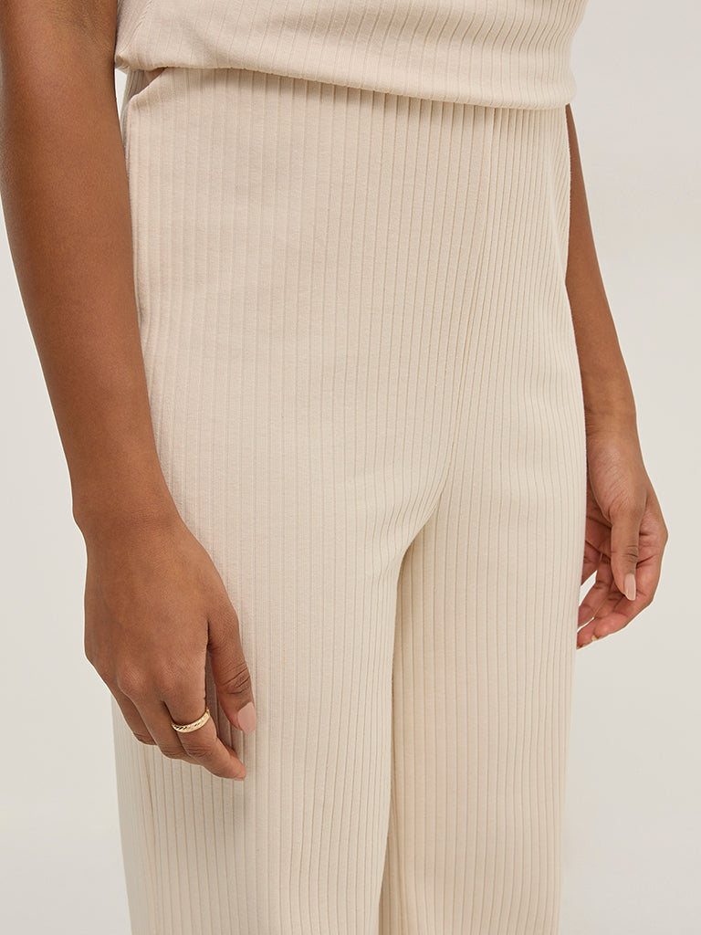 LOV Beige Ribbed-Textured High-Rise Pants