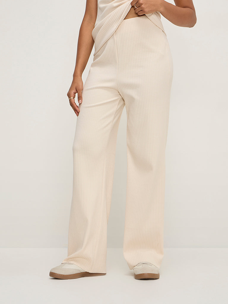 LOV Beige Ribbed-Textured High-Rise Pants