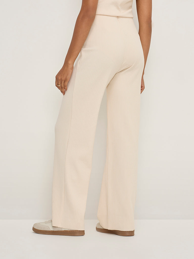 LOV Beige Ribbed-Textured High-Rise Pants