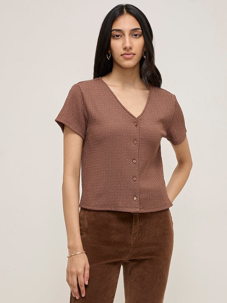 LOV Brown Seersucker Top