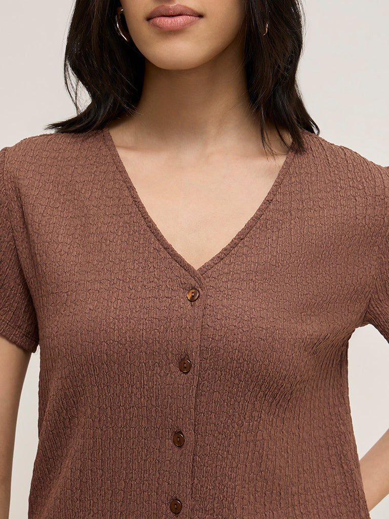 LOV Brown Seersucker Top