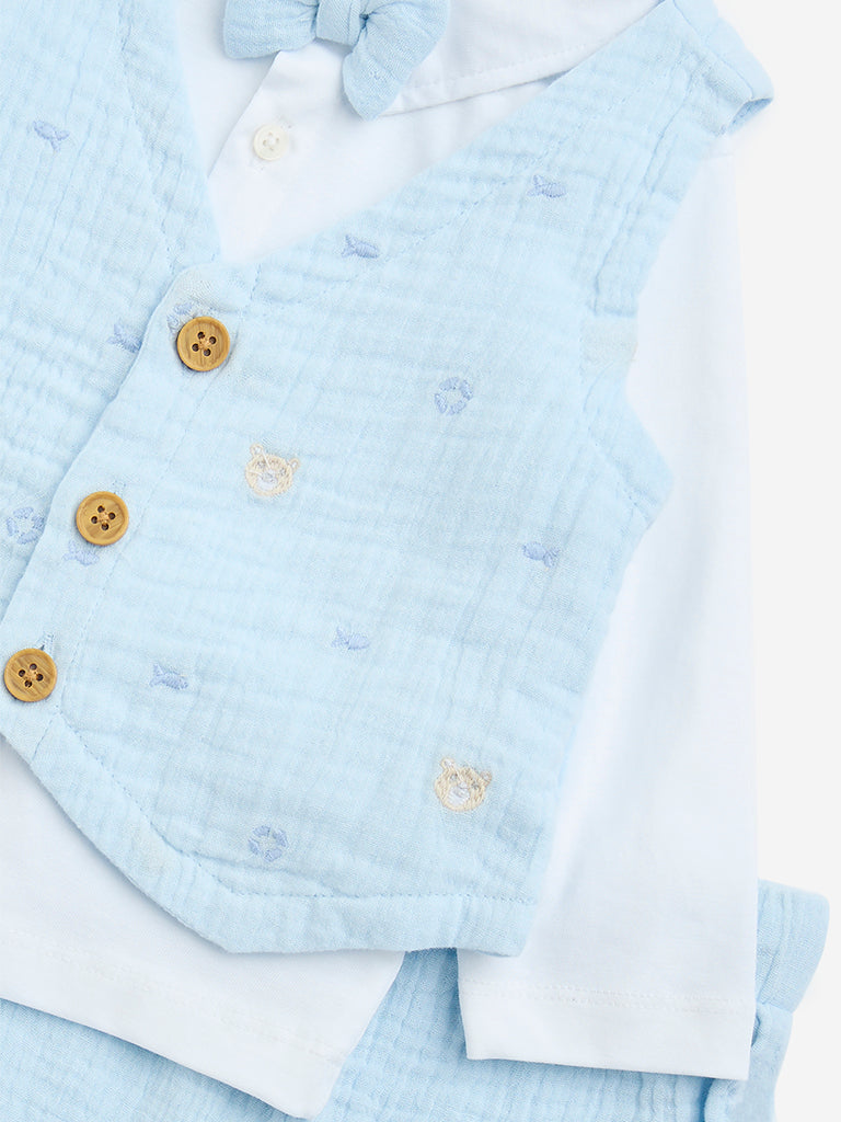 HOP Baby Light Blue Textured Cotton Shirt, Waistcoat, Trousers and Bow Set