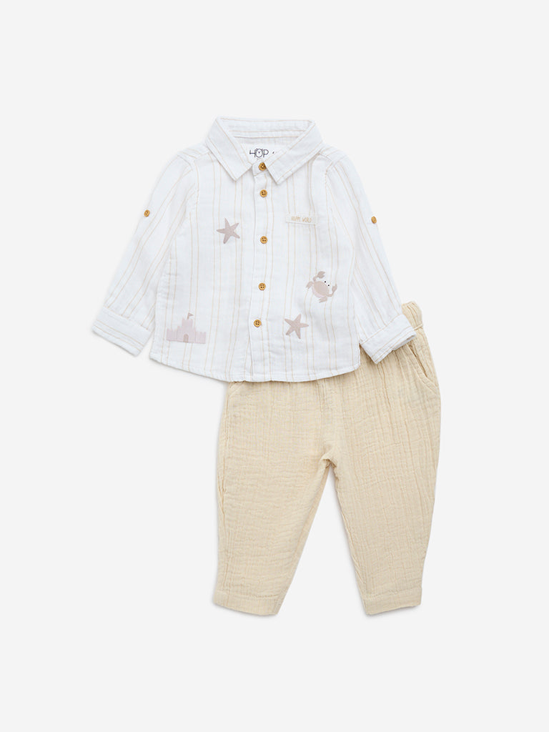 HOP Baby Beige Stripe Printed Cotton Shirt with Trousers Set