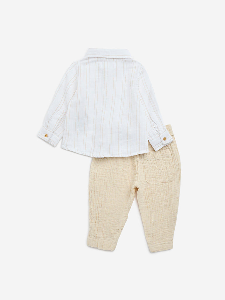 HOP Baby Beige Stripe Printed Cotton Shirt with Trousers Set