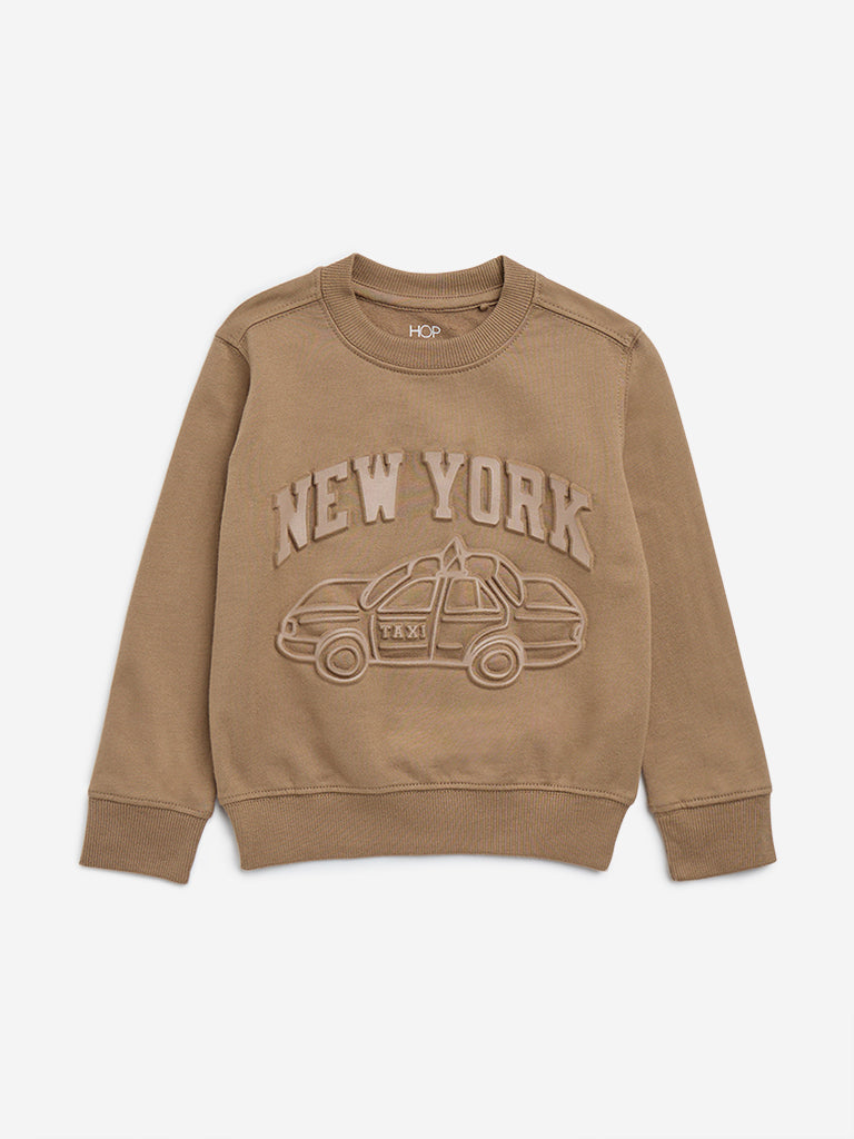 HOP Kids Taupe Text Embossed Cotton Sweatshirt