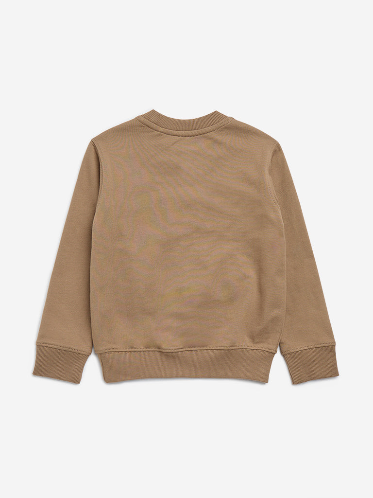 HOP Kids Taupe Text Embossed Cotton Sweatshirt