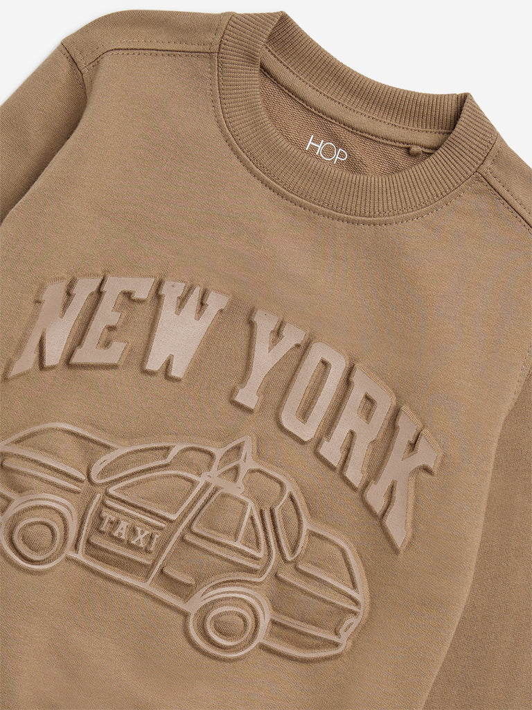 HOP Kids Taupe Text Embossed Cotton Sweatshirt