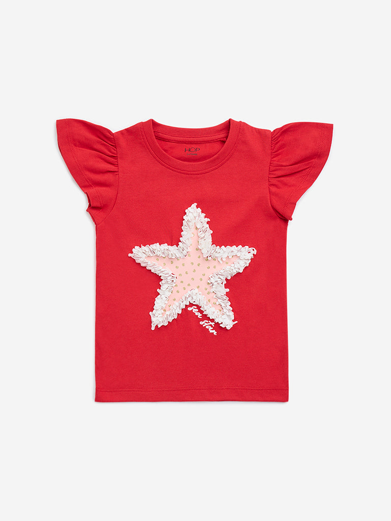 HOP Kids Red Star Embellished Cotton T-Shirt