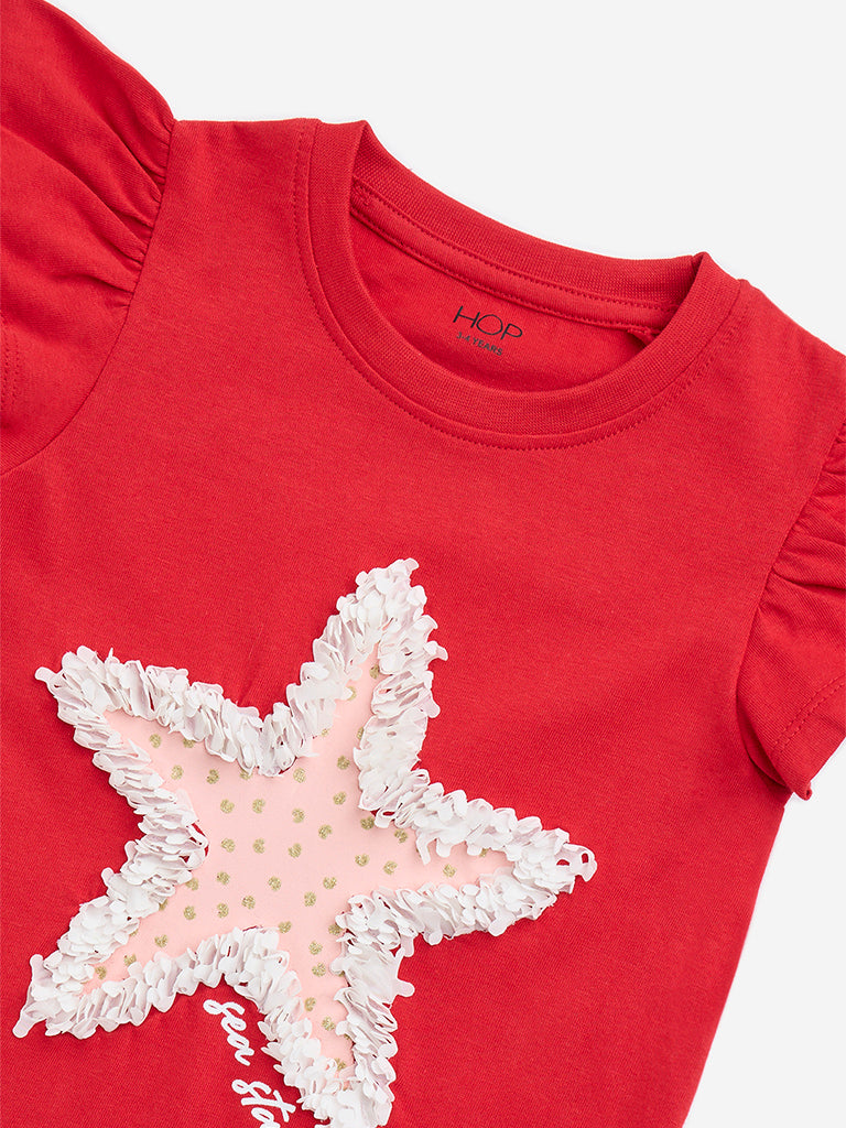 HOP Kids Red Star Embellished Cotton T-Shirt