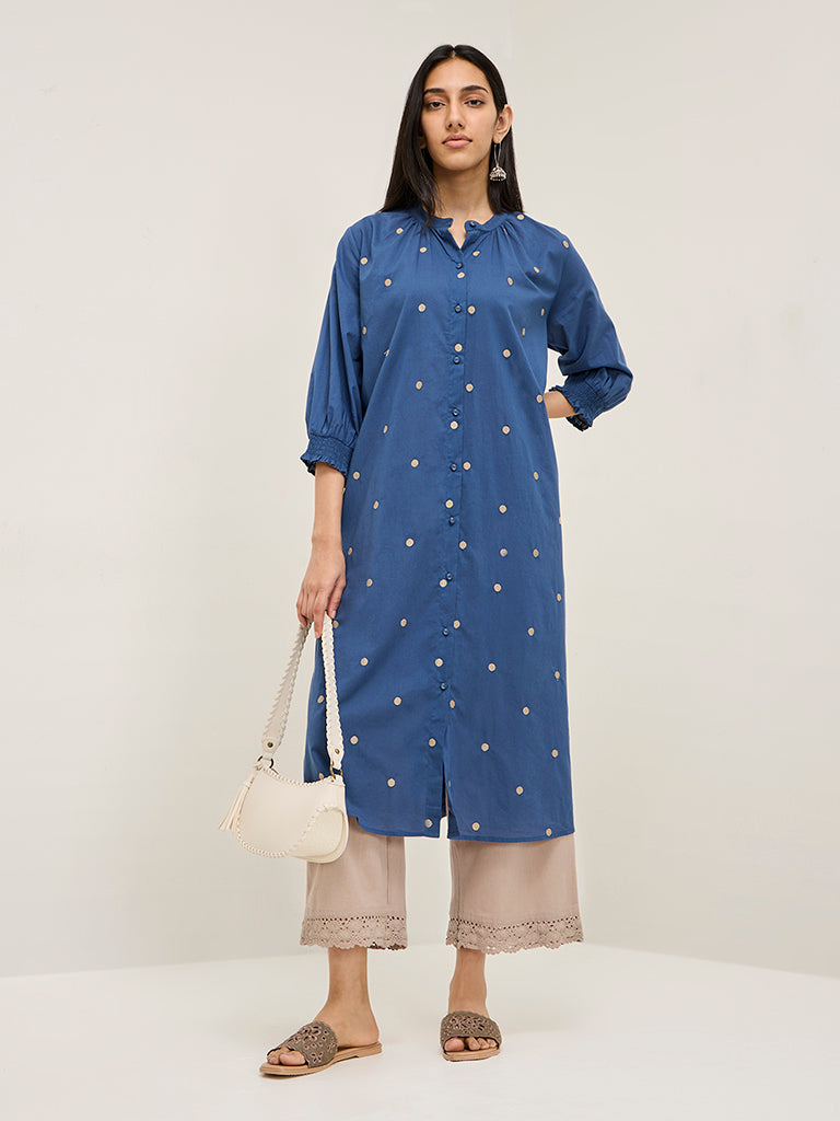 Utsa Blue Embroidered Cotton A-Line Kurta