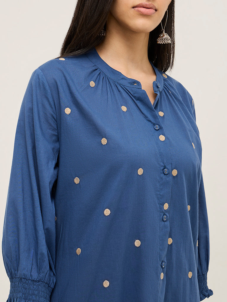 Utsa Blue Embroidered Cotton A-Line Kurta