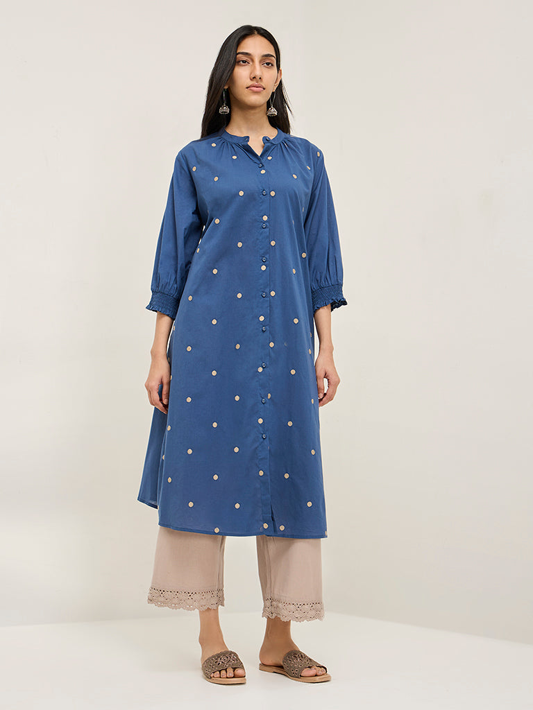 Utsa Blue Embroidered Cotton A-Line Kurta