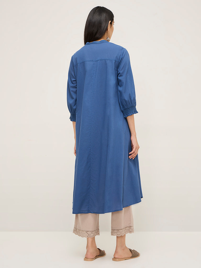 Utsa Blue Embroidered Cotton A-Line Kurta