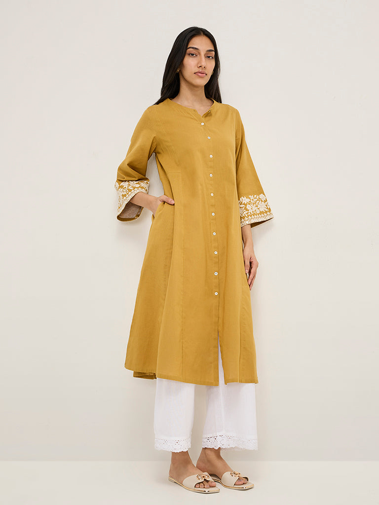 Utsa Mustard Floral Embroidered Cotton Blend A-Line Kurta