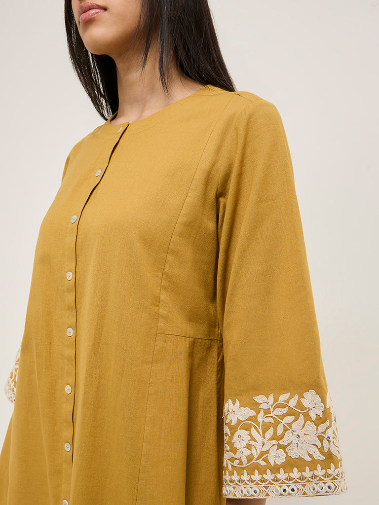 Utsa Mustard Floral Embroidered Cotton Blend A-Line Kurta