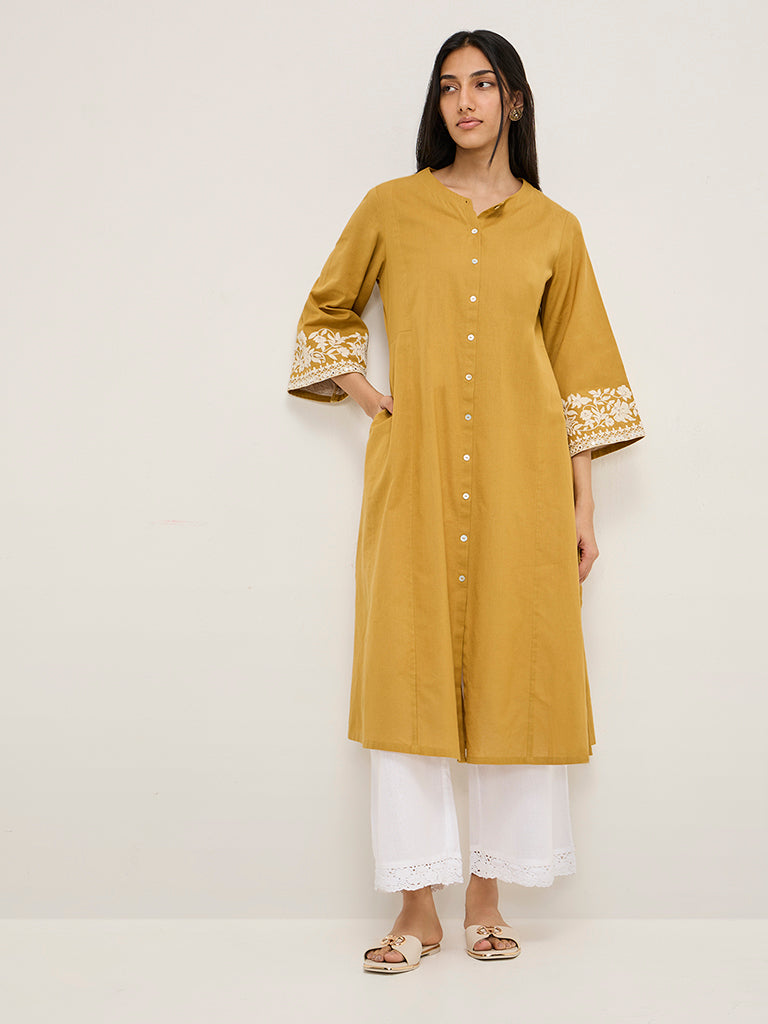 Utsa Mustard Floral Embroidered Cotton Blend A-Line Kurta