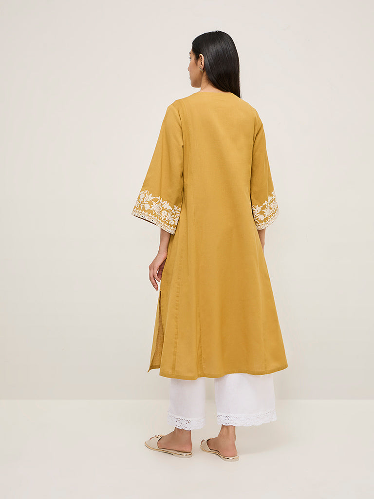 Utsa Mustard Floral Embroidered Cotton Blend A-Line Kurta