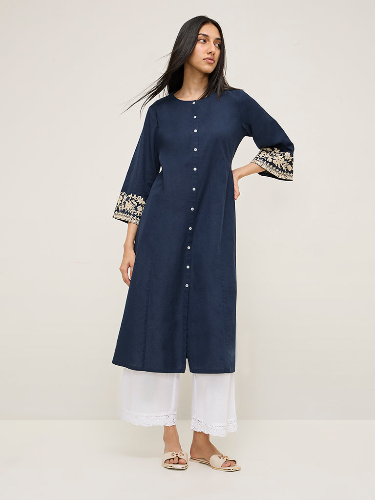 Utsa Navy Floral Embroidered Cotton Blend A-Line Kurta