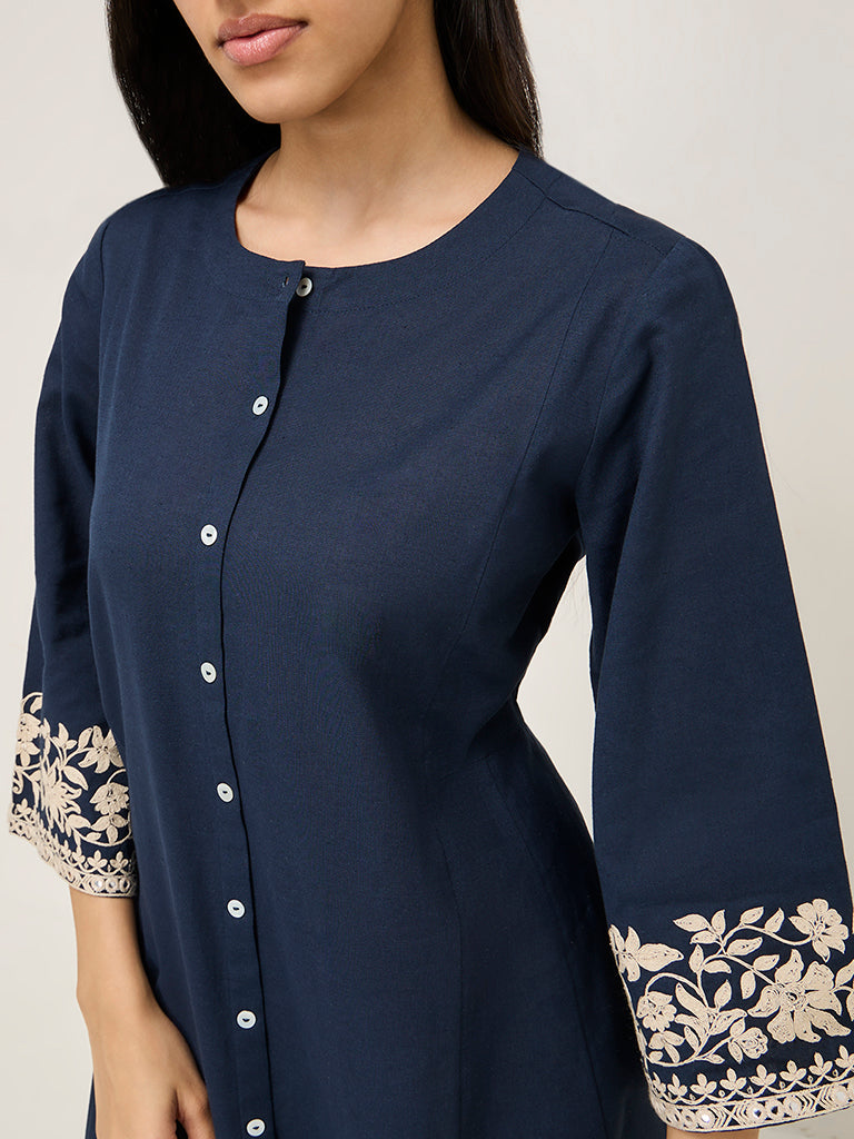 Utsa Navy Floral Embroidered Cotton Blend A-Line Kurta