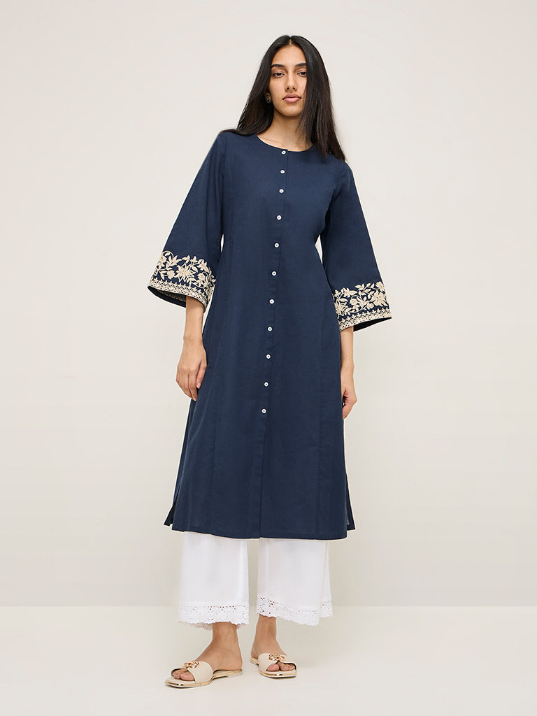 Utsa Navy Floral Embroidered Cotton Blend A-Line Kurta