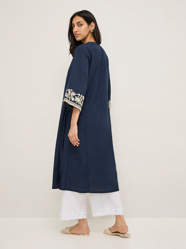 Utsa Navy Floral Embroidered Cotton Blend A-Line Kurta