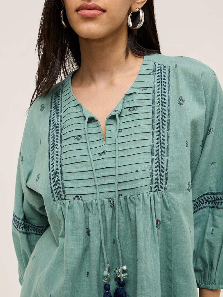 Utsa Mint Printed Fit-and-Flare Cotton Kurti