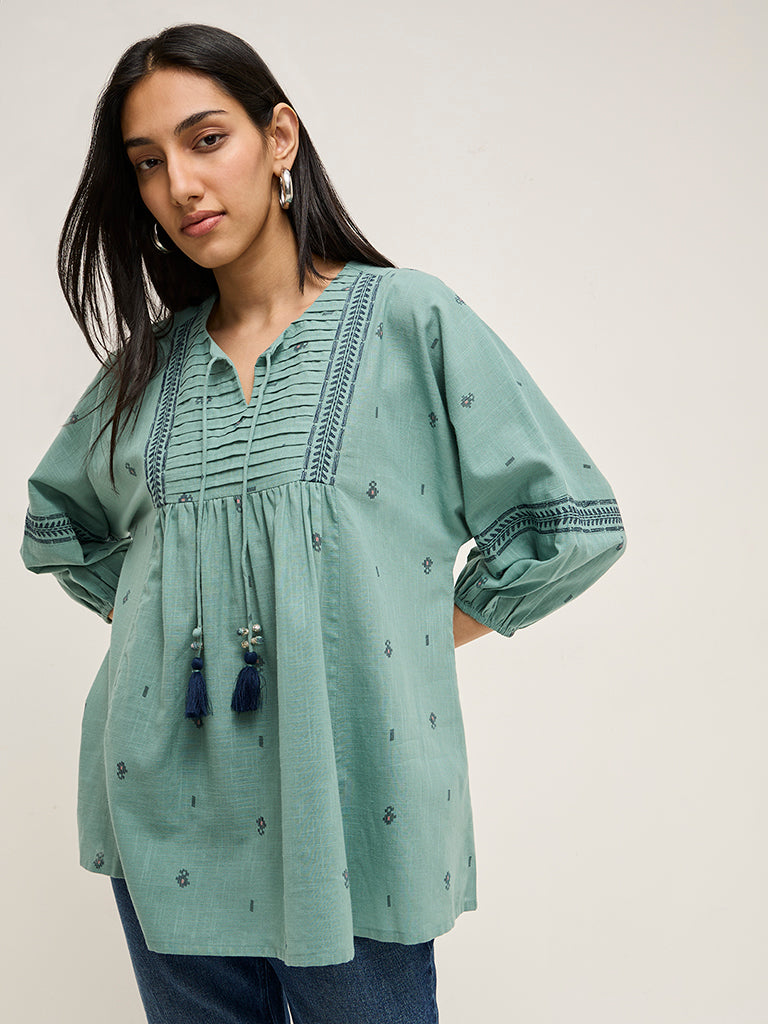 Utsa Mint Printed Fit-and-Flare Cotton Kurti