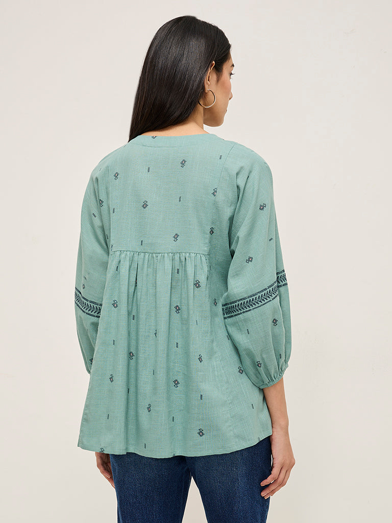 Utsa Mint Printed Fit-and-Flare Cotton Kurti