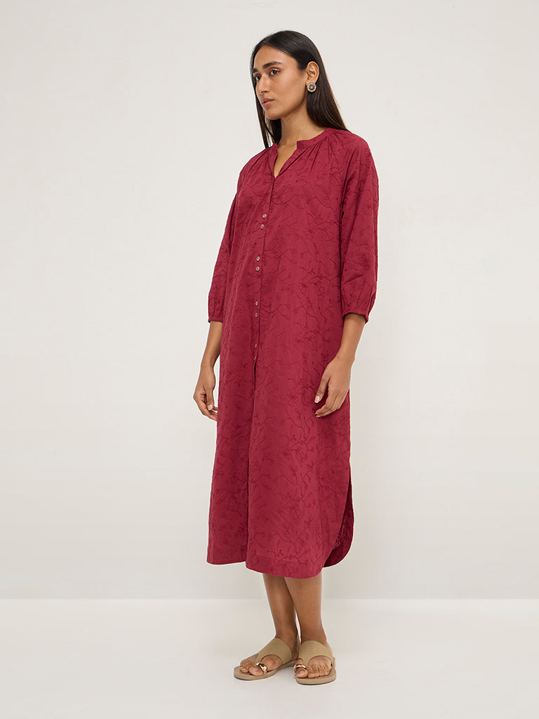 Utsa Magenta Floral Embroidered Straight Dress