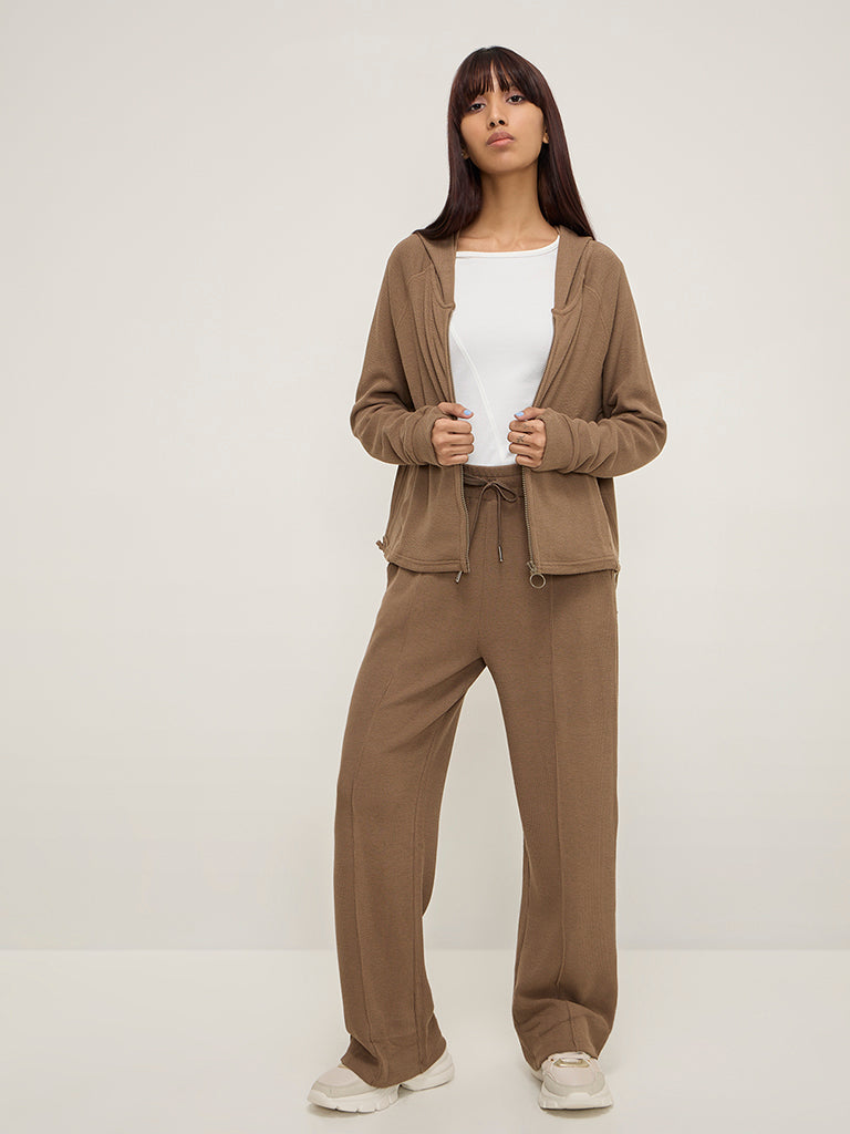 Studiofit Brown Self-Textured High-Rise Cotton-Blend Track Pants