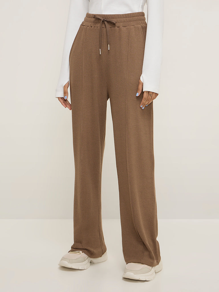 Studiofit Brown Self-Textured High-Rise Cotton-Blend Track Pants