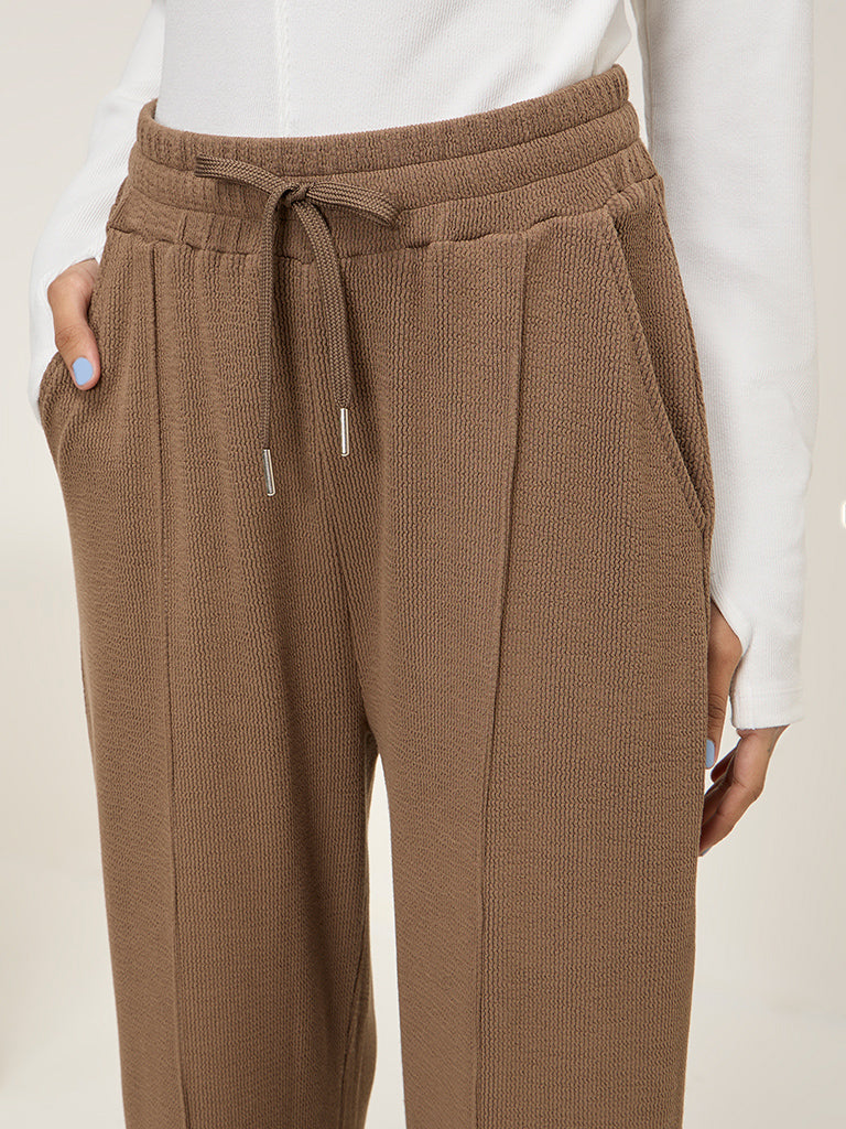 Studiofit Brown Self-Textured High-Rise Cotton-Blend Track Pants