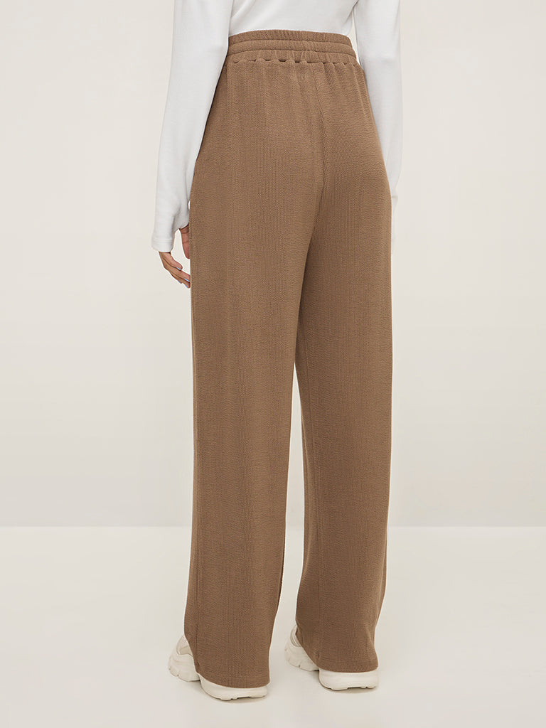 Studiofit Brown Self-Textured High-Rise Cotton-Blend Track Pants