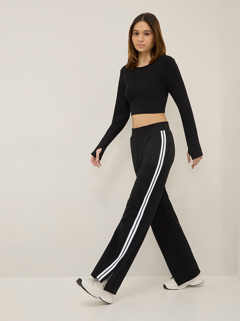 Studiofit Black Striped High-Rise Cotton Blend Track Pants