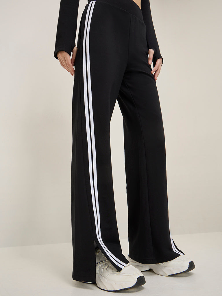 Studiofit Black Striped High-Rise Cotton Blend Track Pants