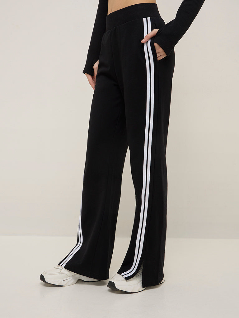 Studiofit Black Striped High-Rise Cotton Blend Track Pants