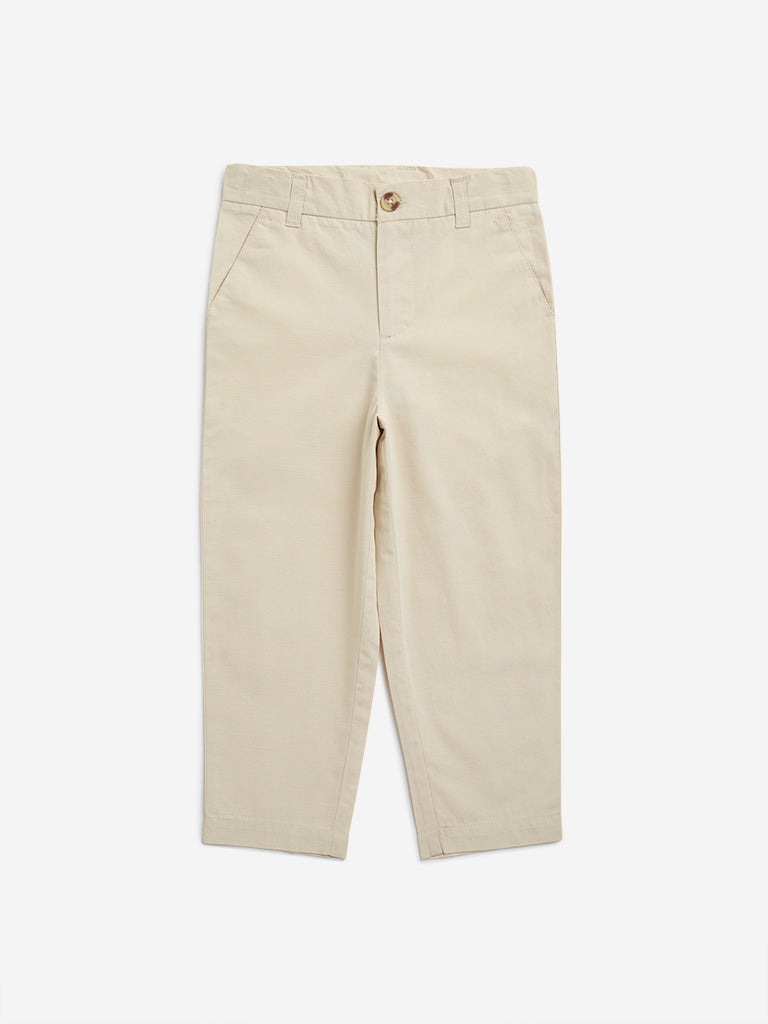 HOP Kids Beige High-Rise Cotton Trousers