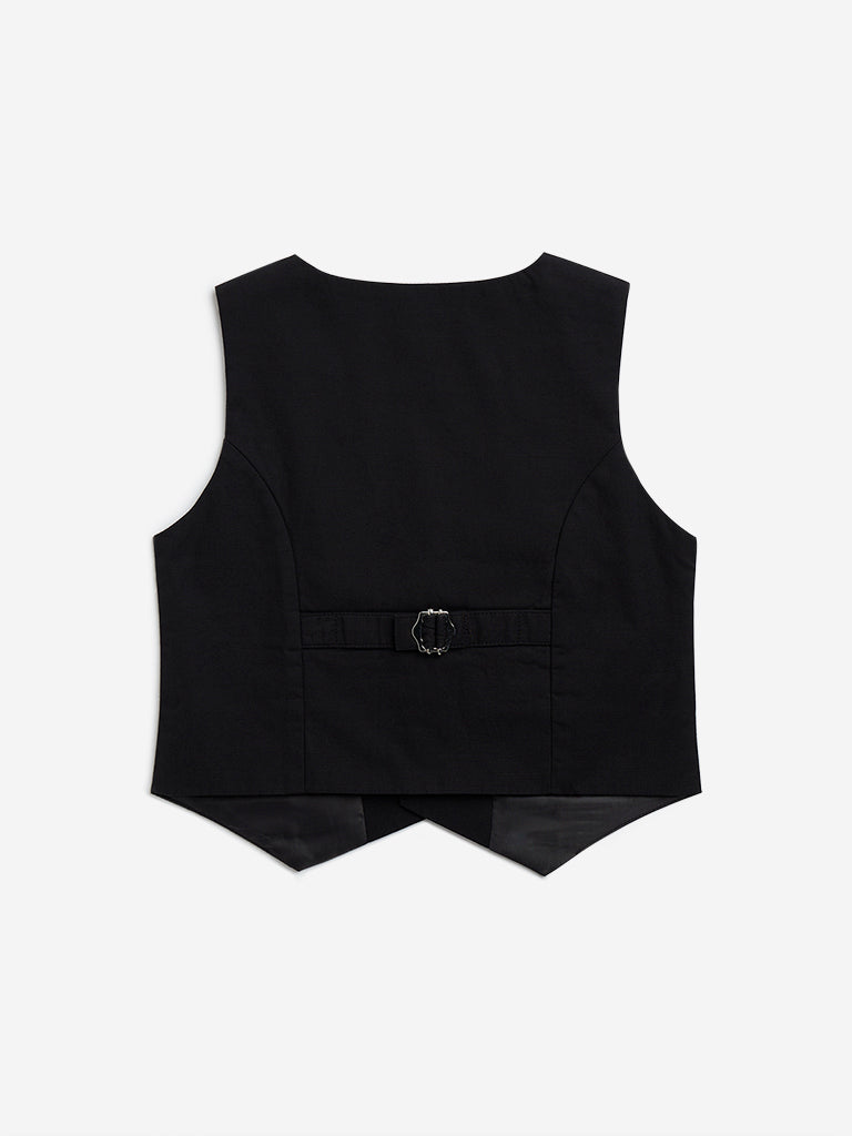 HOP Kids Black Solid Cotton Waistcoat