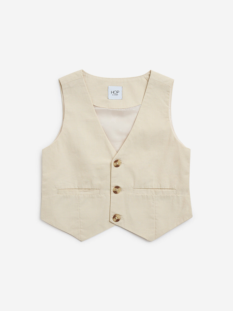 HOP Kids Beige Solid Cotton Waistcoat