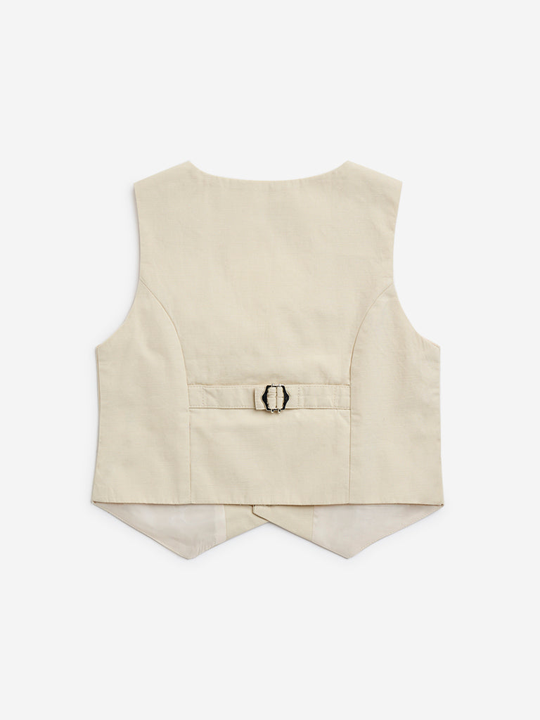 HOP Kids Beige Solid Cotton Waistcoat