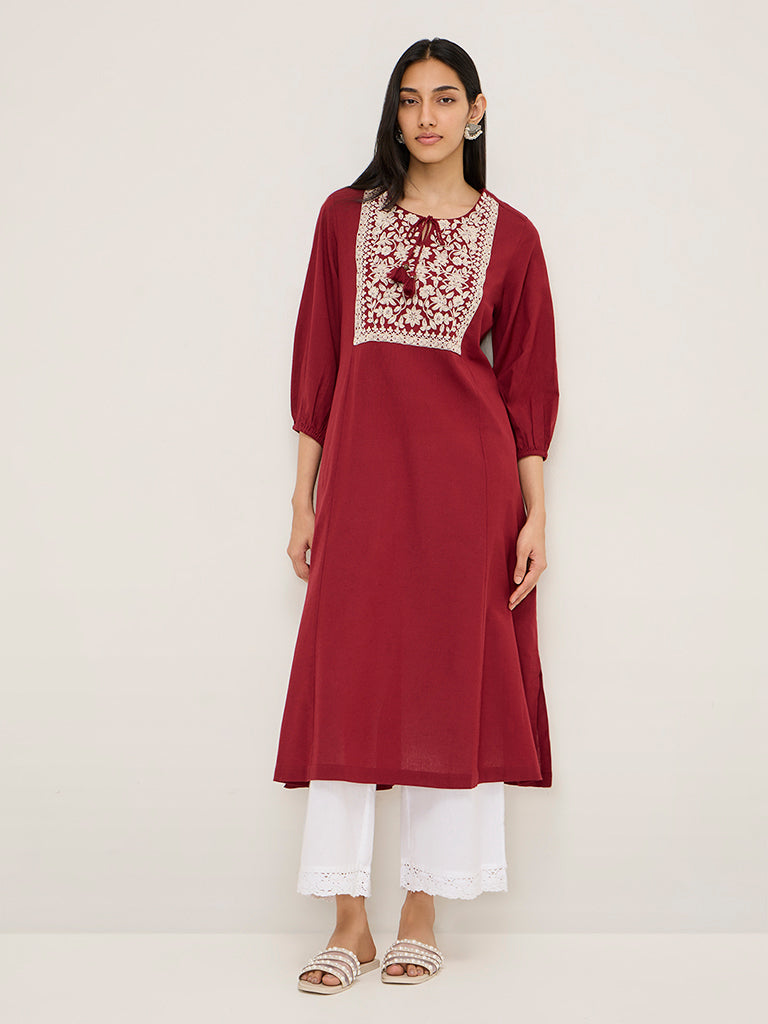 Utsa Maroon Floral Embroidered Cotton Blend A-Line Kurta