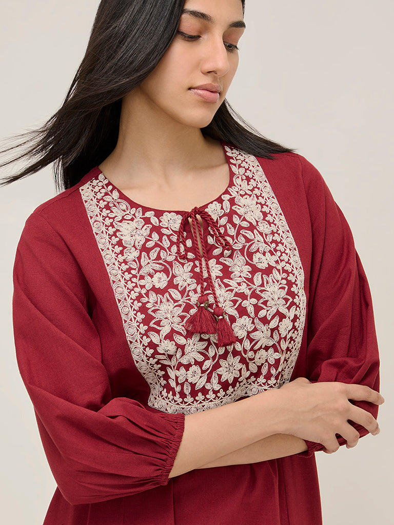 Utsa Maroon Floral Embroidered Cotton Blend A-Line Kurta