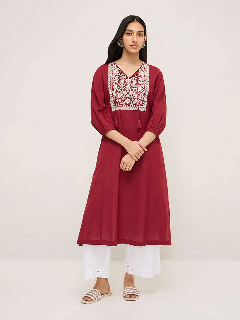 Utsa Maroon Floral Embroidered Cotton Blend A-Line Kurta