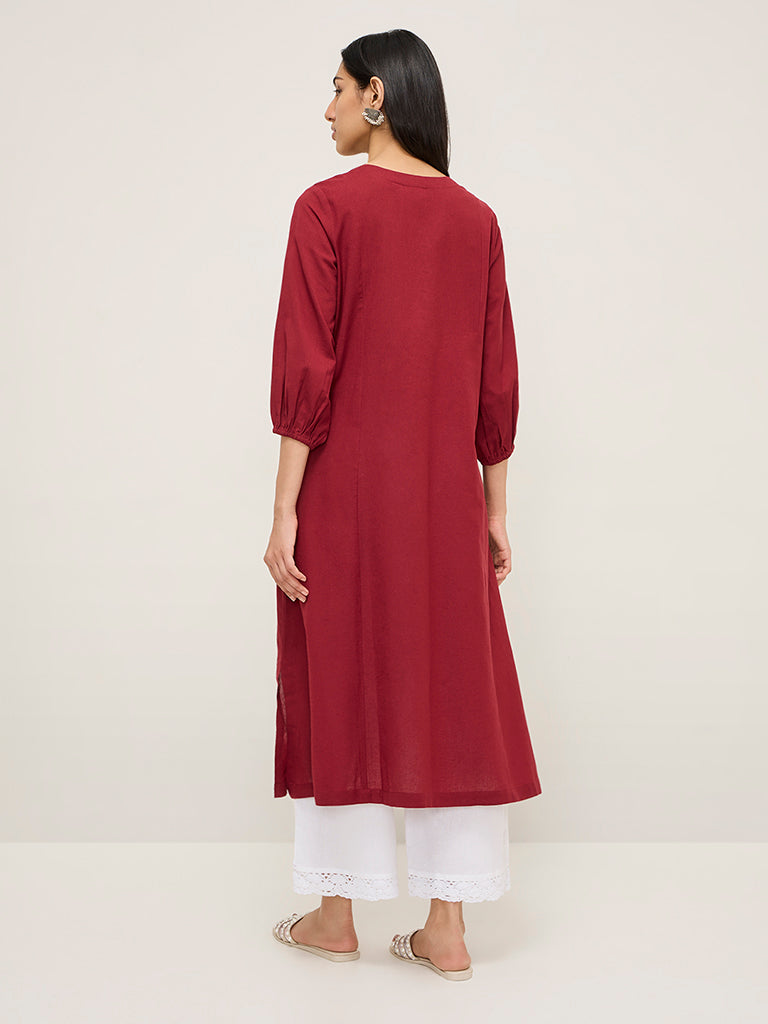 Utsa Maroon Floral Embroidered Cotton Blend A-Line Kurta