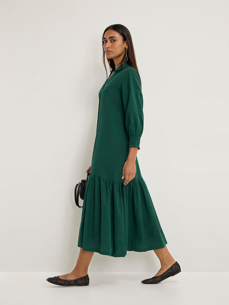 Utsa Dark Green Solid Drop-Waist Dress